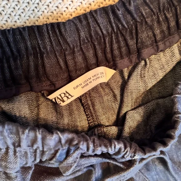 ZARA Blue Denim Wide Leg Drawstring Pull-on Pants w Red Side Stripe - Picture 7 of 9